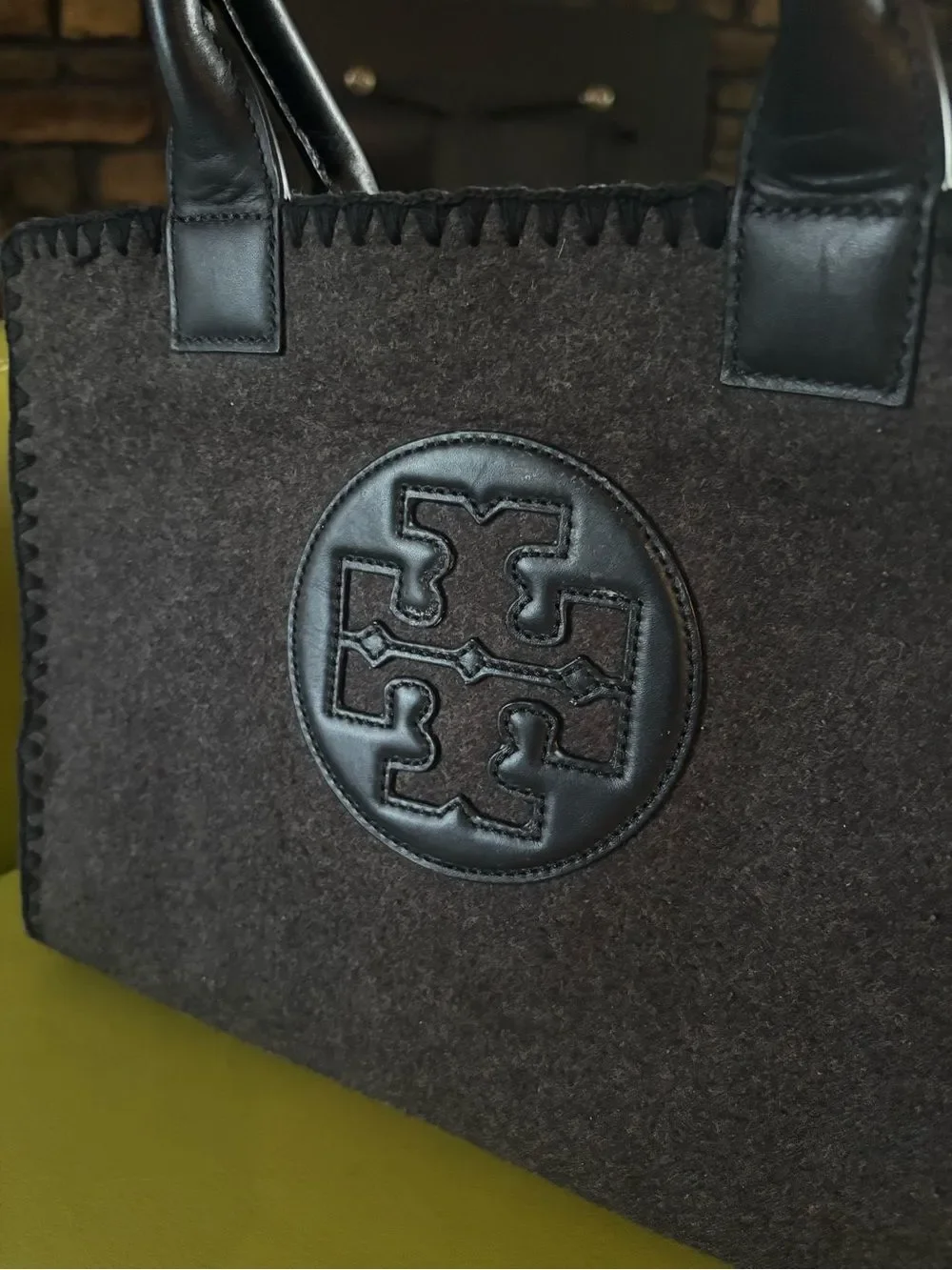 Tory Burch Ella Stitched Mini Tote – Charcoal Wool Felt